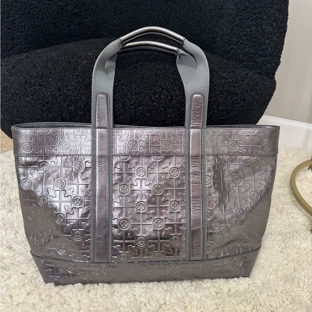 Tory Burch Metallic Gray Embossed Tote
